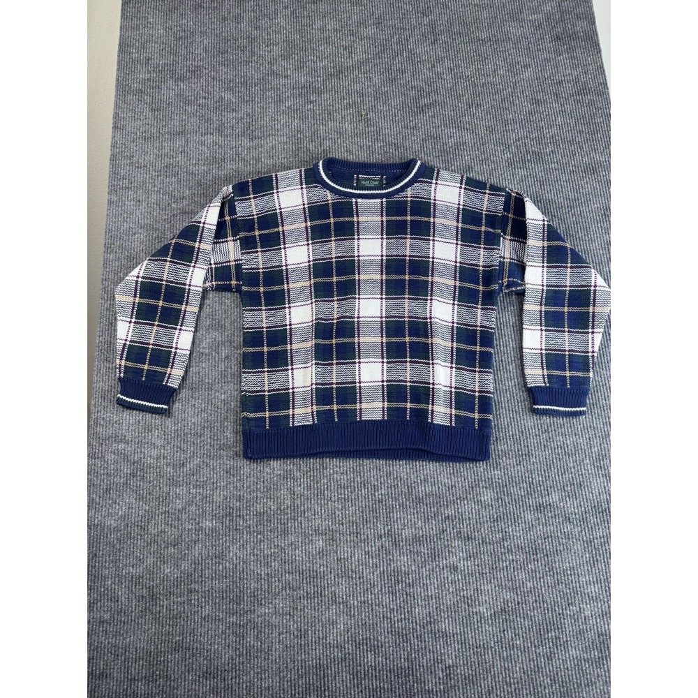Vintage Hunt Club XL Blue Plaid Cotton Tight-Knit Crew‎ Neck Long Sleeve Sweater